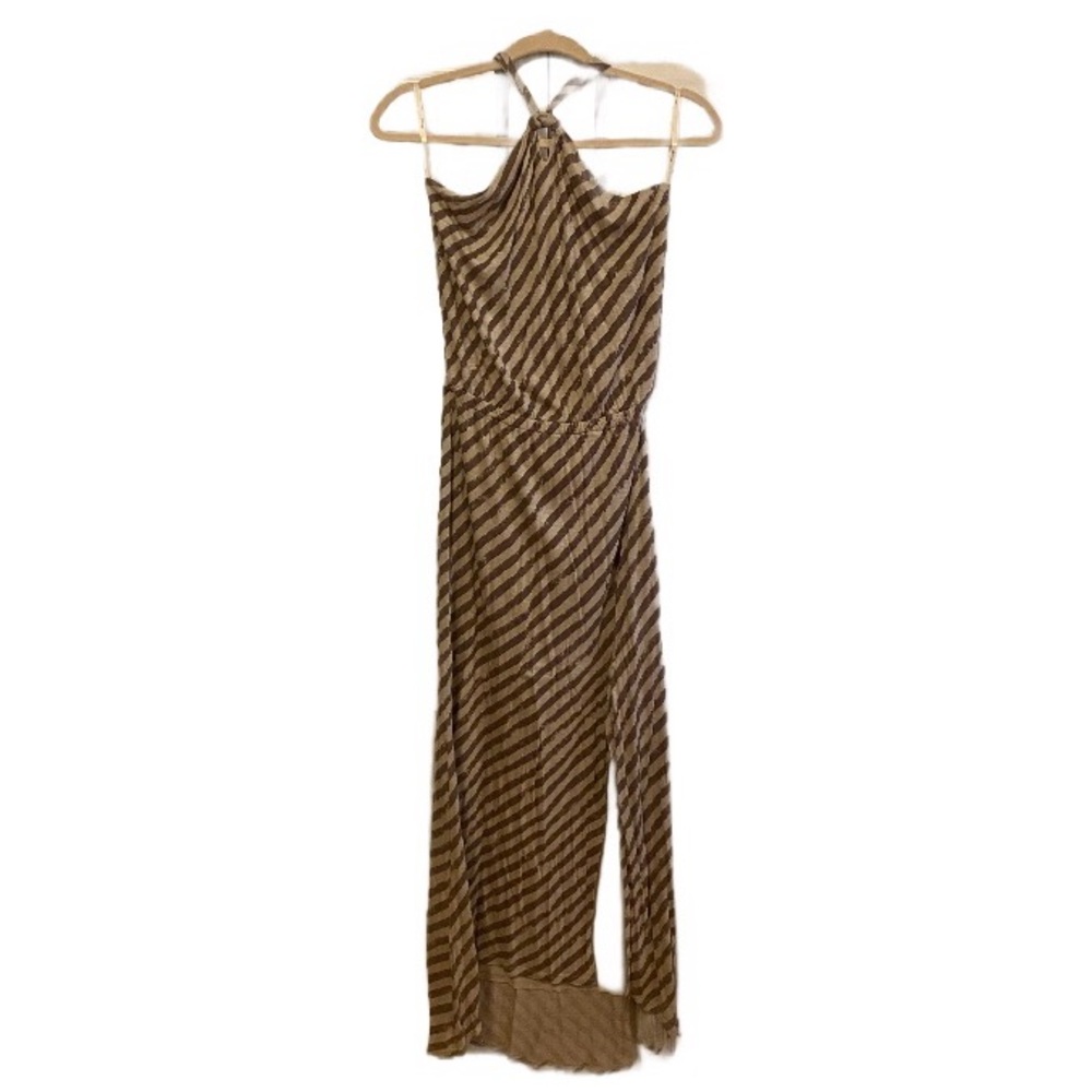Elle Moss Brown and Cream striped halter dress with side slit size S Small